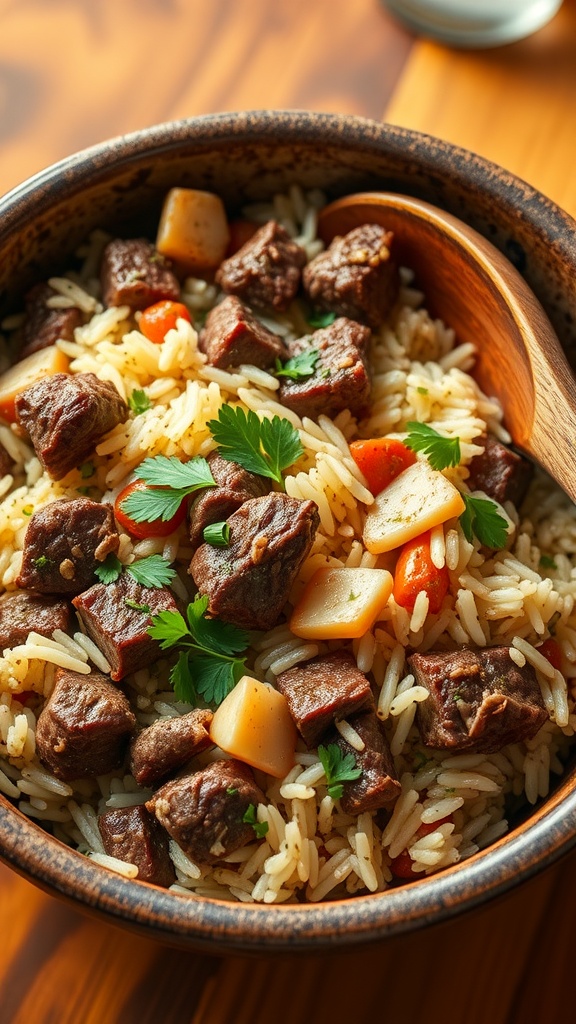 A bowl of chopped beef and rice pilaf with beef, rice, and parsley on a wooden table.